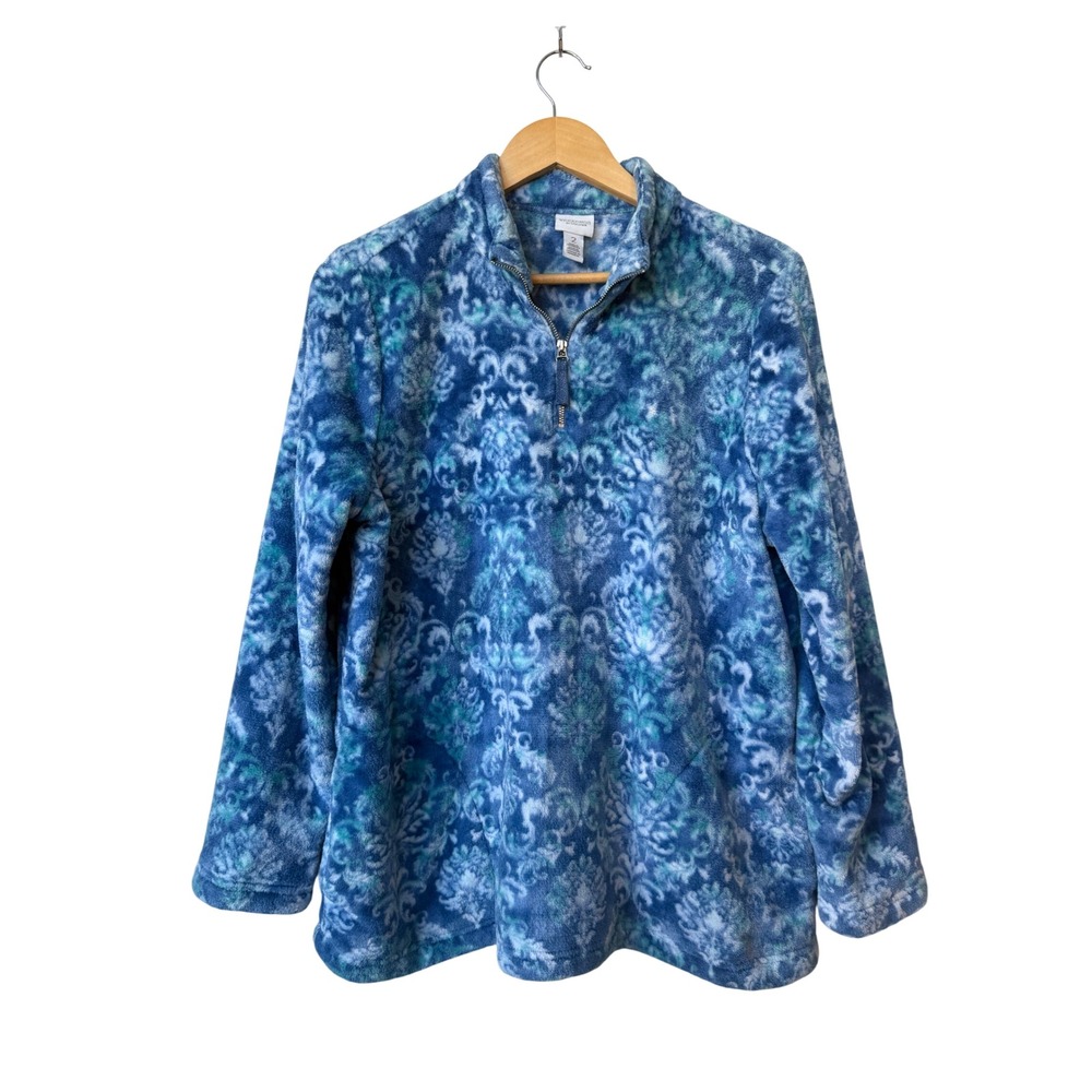 Weekends by Chico's Damask Fleece Quarter Zip Pullover Size 2 L Plush Fuzzy